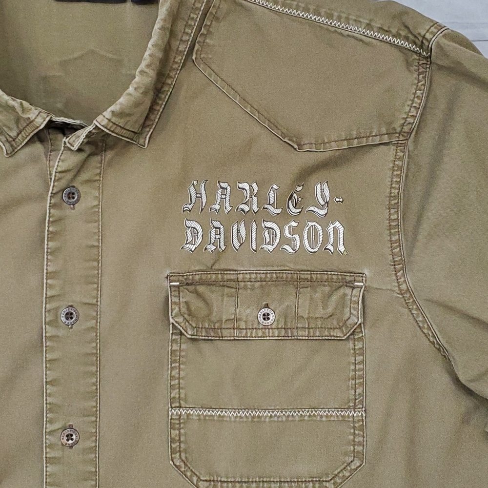 Harley Davidson shirt men's 3XL army green western style long sleeve button - Picture 7 of 13